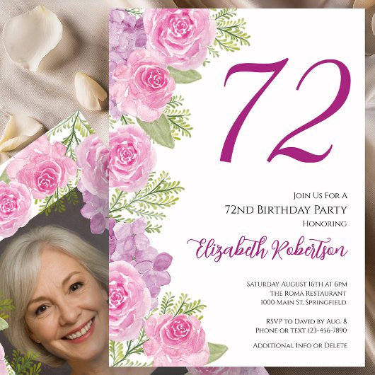 72歳の誕生日カスタムフォトテンプレート ピンクのバラ 招待状