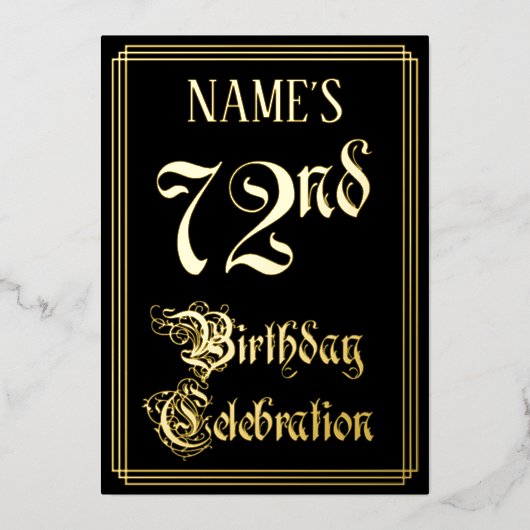 72歳の誕生日パーティー - ファンシーな筆記体とカスタムネーム 箔招待状 (正面)