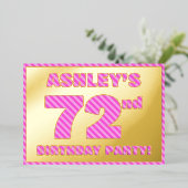 72歳の誕生日パーティー - 派手で楽しいピンクのストライプ #72 箔招待状 (立ち正面)