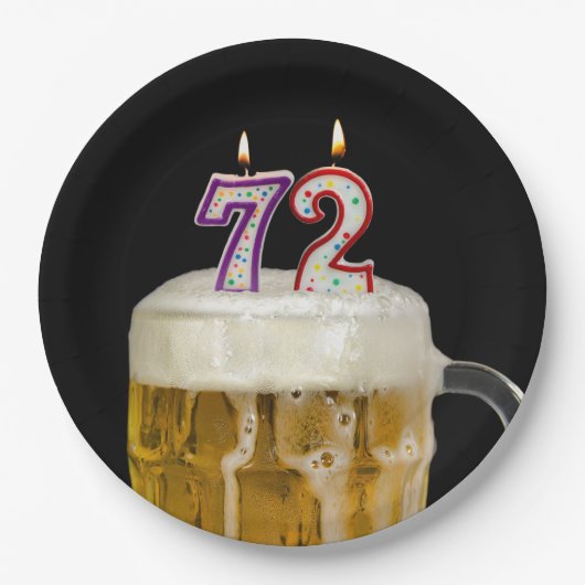 72歳の誕生日 ビール 黒い紙皿の上 ペーパープレート (正面)