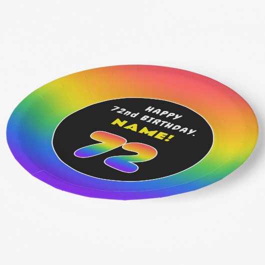 72番目の誕生日カラフル: Rainbow # 72,名前をカスタムする ペーパープレート (アングル)
