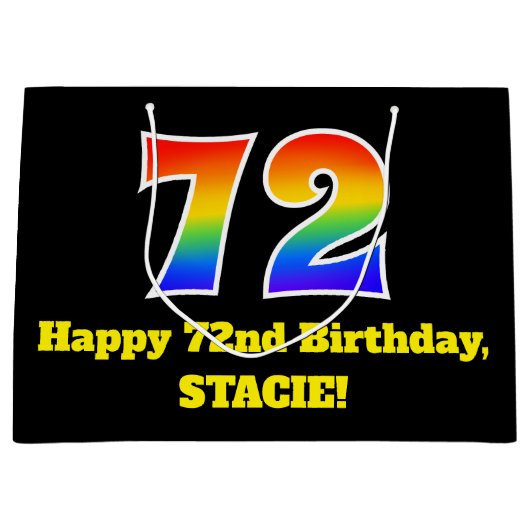 72番目の誕生日～おもしろい, カラフル, 鮮やか, Rainbow 72 ラージペーパーバッグ (正面)