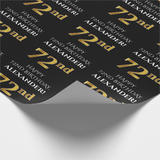 72番目の誕生日: エレガント、黒、フェイク金ゴールド ラッピングペーパー (角)