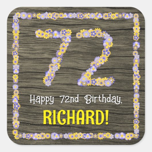 72番目の誕生日:フローラ番号フェイク、木目、名前 スクエアシール (正面)