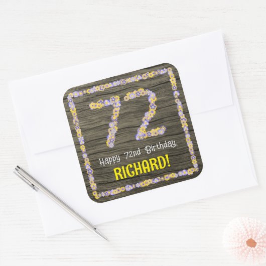 72番目の誕生日:フローラ番号フェイク、木目、名前 スクエアシール (封筒)