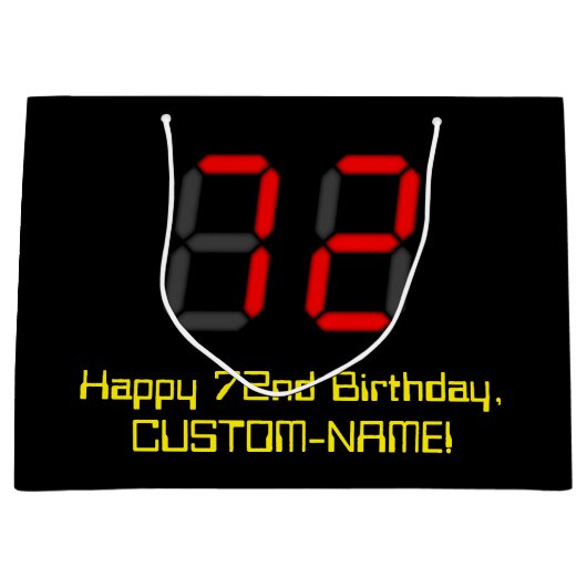 72番目の誕生日:レッドデジタルクロックスタイル「72」 +名前 ラージペーパーバッグ (正面)