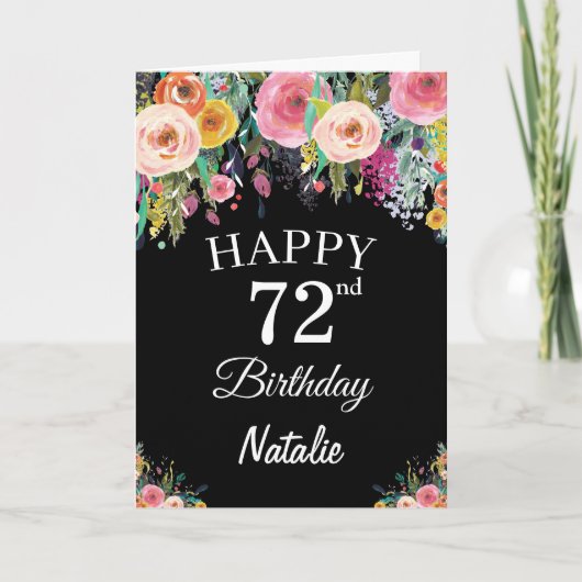 72誕生日水彩フローラ花ブラックカード カード (正面)