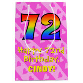 72誕生日:おもしろいピンクのハートストライプ; Rainbow 72 ミディアムペーパーバッグ (正面)