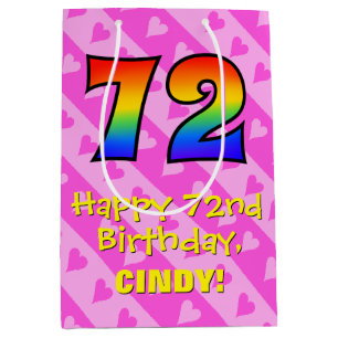 72誕生日:おもしろいピンクのハートストライプ; Rainbow 72 ミディアムペーパーバッグ