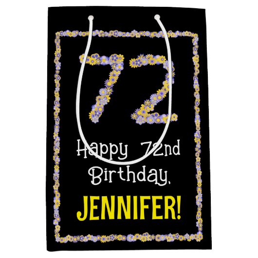 72誕生日:フローラ花数名前をカスタムする ミディアムペーパーバッグ (正面)