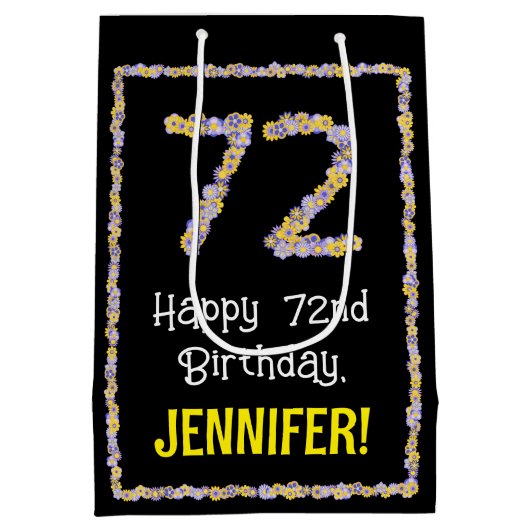 72誕生日:フローラ花数名前をカスタムする ミディアムペーパーバッグ (裏面)