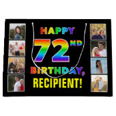 72誕生日:レインボー文字カスタム、写真&名前 ラージペーパーバッグ (正面)