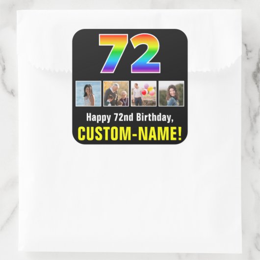 72誕生日:レインボー「72」、写真カスタムと名前 スクエアシール (バッグ)