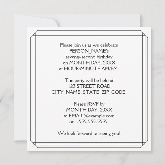 72nd Birthday Party:アールデコスタイル(名前をカスタムする付) 招待状 (裏面)