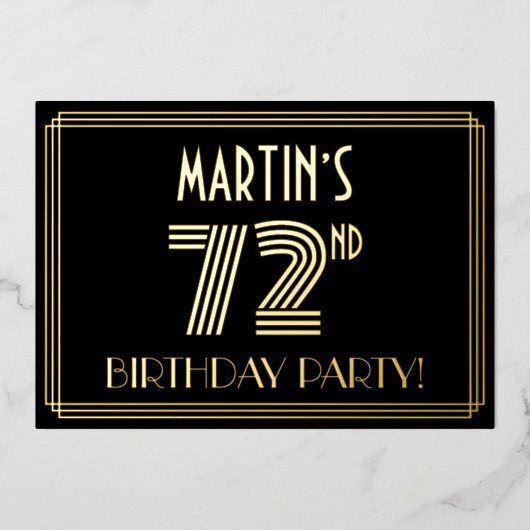 72nd Birthday Party —アールデコスタイル「72」 +名前 箔招待状 (正面)
