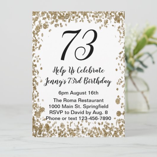 73エレガント番目の誕生日招待状(黒と金ゴールド) 招待状 (スタンド正面)