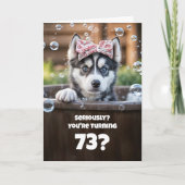 73歳の誕生日 かわいいフンキーなハスキー犬のバブルバス カード (正面)