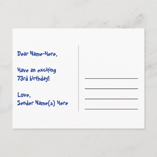 73歳の誕生日:ピンクのストライプとハート、虹73 ポストカード (裏面)