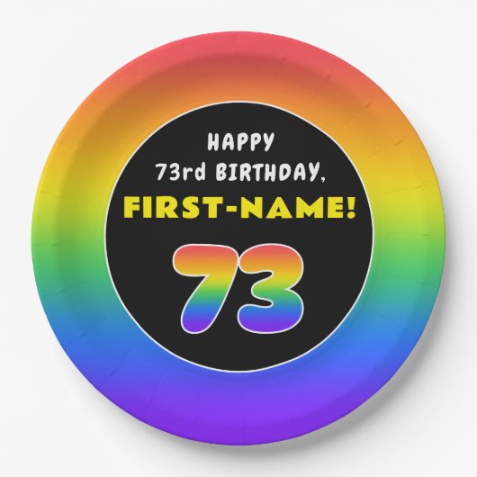 73番目の誕生日カラフル: Rainbow # 73,名前をカスタムする ペーパープレート (正面)
