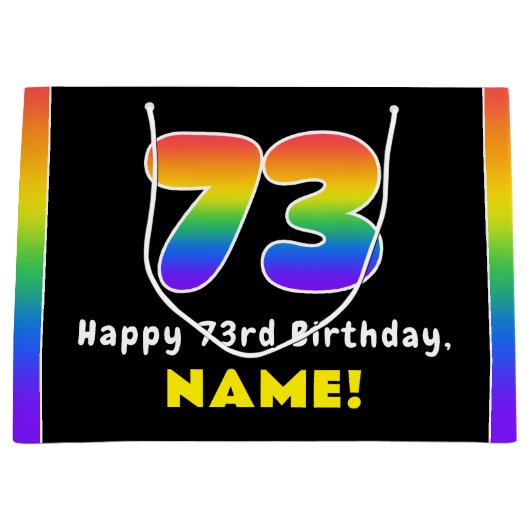 73番目の誕生日カラフル: Rainbow # 73,名前をカスタムする ラージペーパーバッグ (正面)