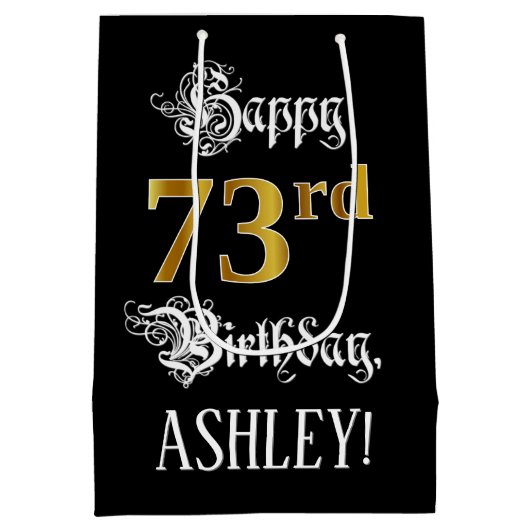 73番目の誕生日ファンシー~スクリプトフェイク;金ゴールド検索;名前 ミディアムペーパーバッグ (裏面)