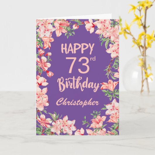 73誕生日パープルピンクピーチウォーターフローラ カード (黄色い花)