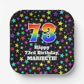 73誕生日:おもしろいスター柄と虹"73" ペーパープレート (正面)