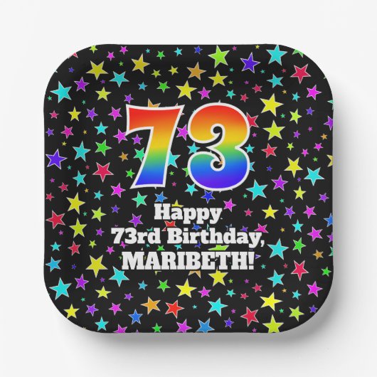 73誕生日:おもしろいスター柄と虹"73" ペーパープレート (正面)
