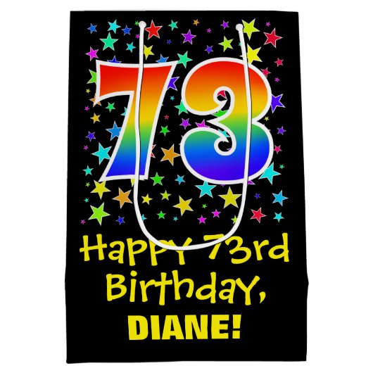 73誕生日:カラフルスターズパターン&レインボー73 ミディアムペーパーバッグ (裏面)