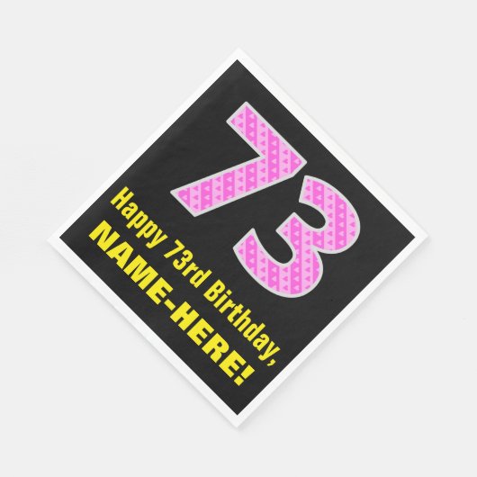 73誕生日:ピンクストライプのハートと「73」 +名前 スタンダードランチョンナプキン (角)