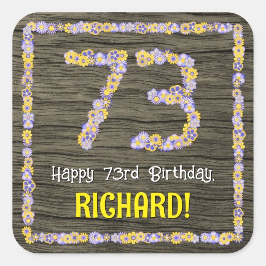 73誕生日:フローラ番号、フェイク木目、名前 スクエアシール (正面)