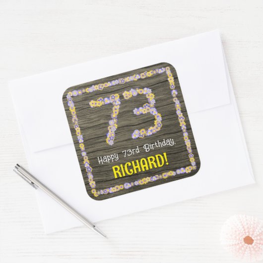 73誕生日:フローラ番号、フェイク木目、名前 スクエアシール (封筒)
