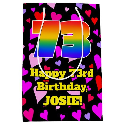 73誕生日:愛するハートパターン、虹# 73 ミディアムペーパーバッグ (正面)