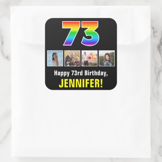 73誕生日: Rainbow "73"；写真カスタムと名前 スクエアシール (バッグ)