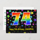 74歳の誕生日おめでとう:楽しいスター柄、虹74、名前 ポストカード (正面/裏面)