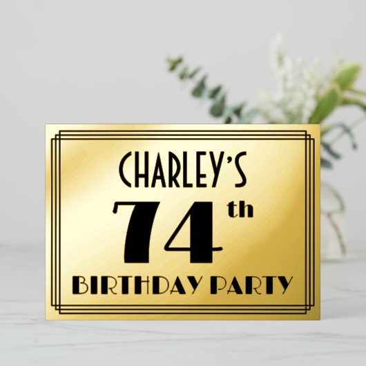 74歳の誕生日パーティー — アートデコスタイルの「74」+ 名前 箔招待状 (立ち正面)