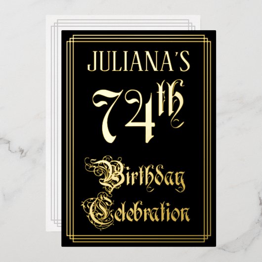 74歳の誕生日パーティー - ファンシーな手書き風フォントとカスタムネーム 箔招待状 (正面/裏面)
