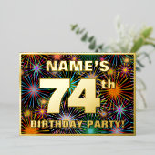 74歳の誕生日パーティー - 楽しくカラフルな花火 箔招待状 (立ち正面)