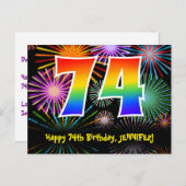 74歳の誕生日 – 楽しい花火模様 + レインボー 74 ポストカード (正面/裏面)