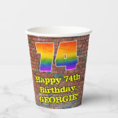 74歳の誕生日: 楽しい落書き風レインボー74 紙コップ (正面)