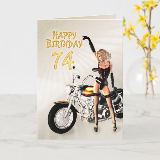 74番目の誕生日カードとバイクの女の子 カード (黄色い花)