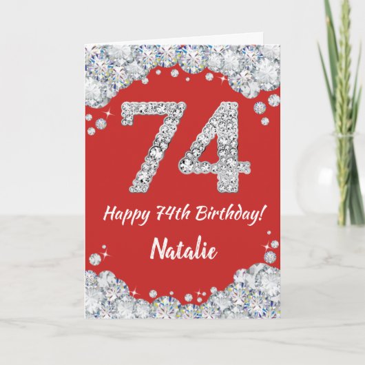 74番目の誕生日レッド&シルバーグリッターカード カード (正面)