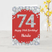 74番目の誕生日レッド&シルバーグリッターカード カード (黄色い花)