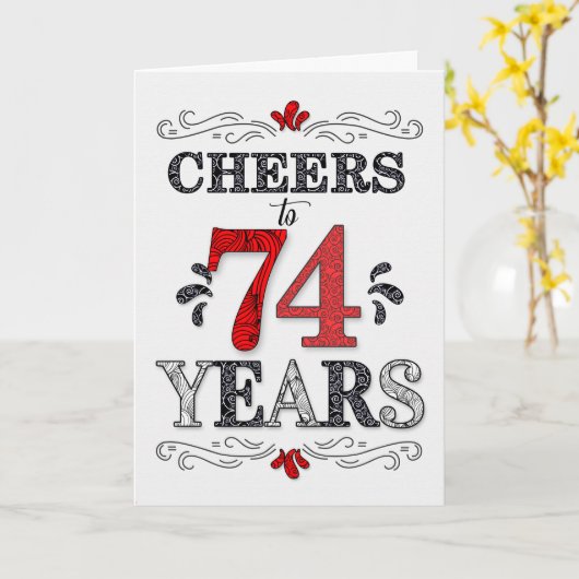 74番目の誕生日応援の赤い白い黒のパターン カード (黄色い花)