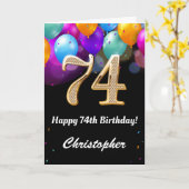 74誕生日ブラックバルーンと金ゴールドバルーンカラフル カード (黄色い花)