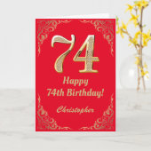 74誕生日赤と金ゴールドグリッター枠 カード (黄色い花)