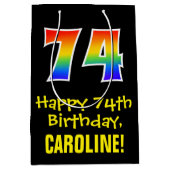 74誕生日:おもしろいはっきりした、カラフルレインボー「74」 ミディアムペーパーバッグ (正面)
