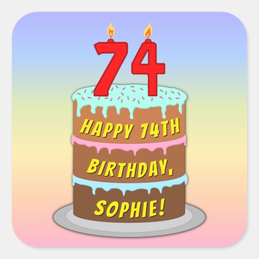 74誕生日:おもしろいケーキとキャンドル+名前をカスタムする スクエアシール (正面)