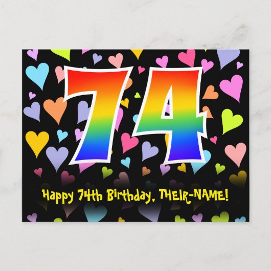 74誕生日:おもしろいハートパターン、虹74 ポストカード (正面)