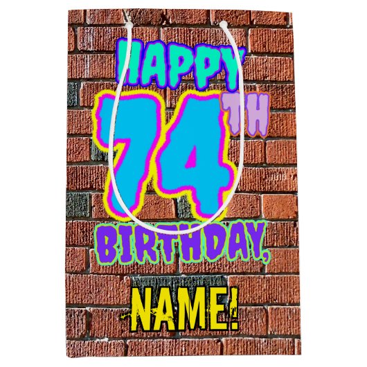 74誕生日:おもしろい、アーバングラフィティインスパイアルック ミディアムペーパーバッグ (正面)